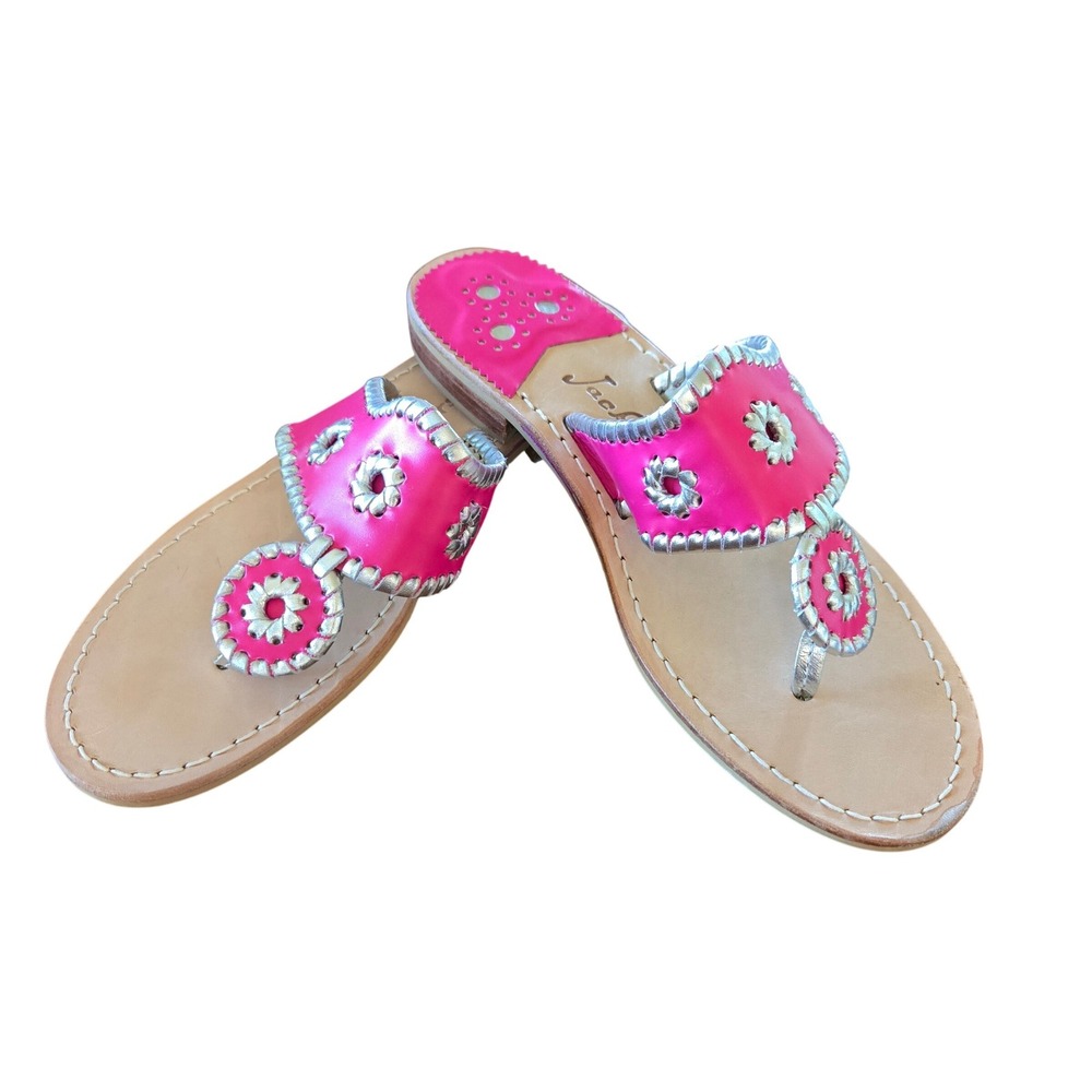 Jack Rogers Boho Chic Make Up Leather Sandals Sz 8 Fuchsia Silver Whipstitch